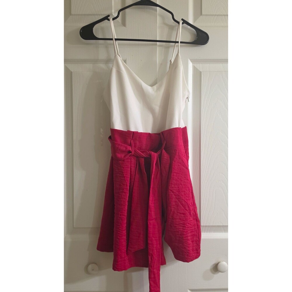 Active USA Colorblock V-Neck Tie Waist Romper White Red Spaghetti Strap S